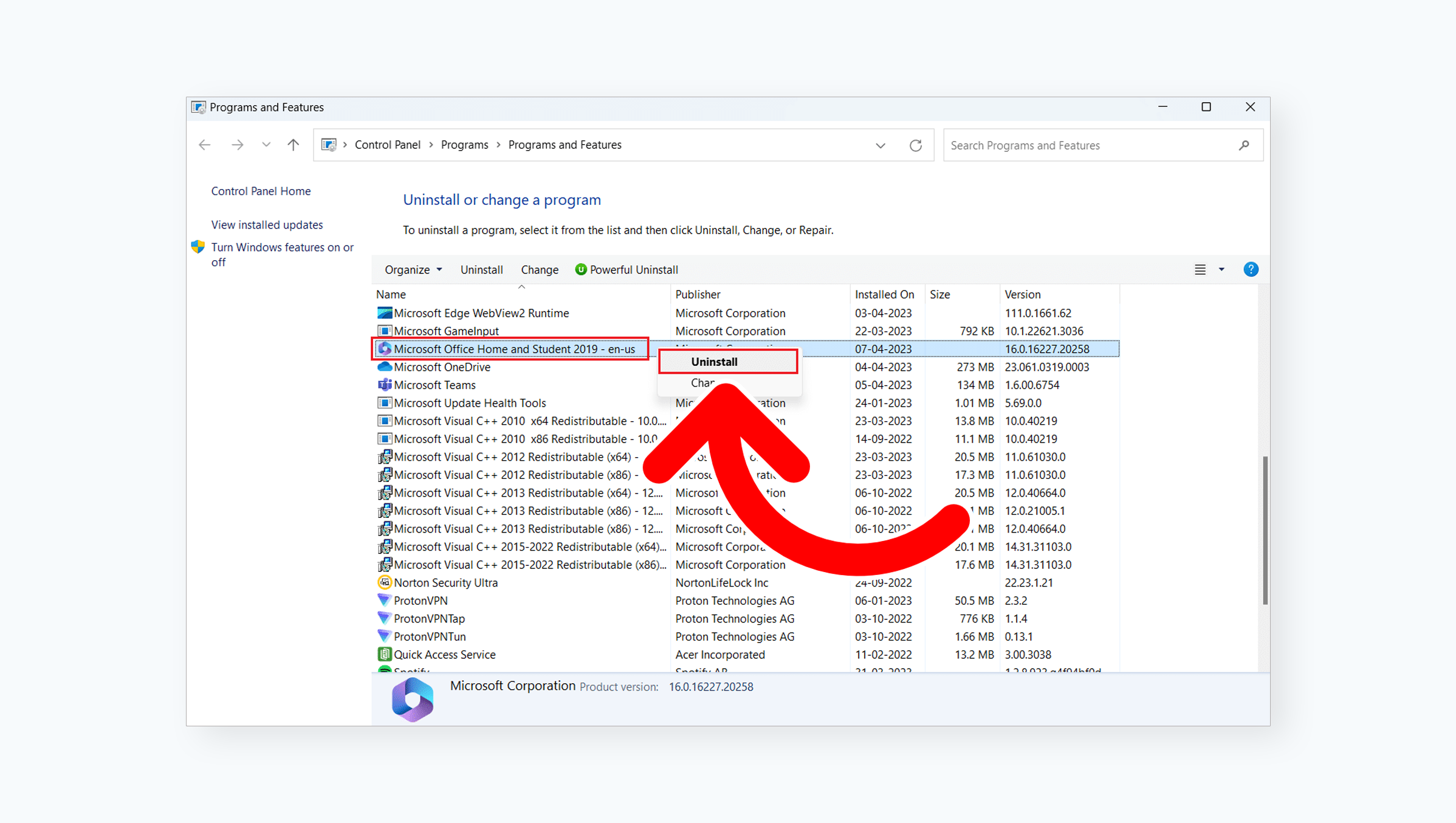 Uninstall Microsoft Office with Windows Control panel