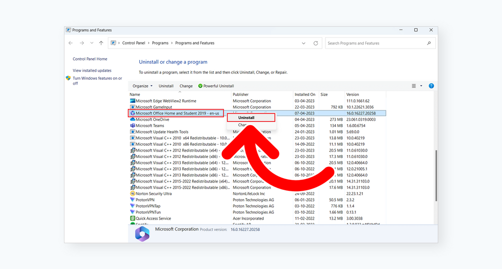 Uninstall Microsoft Office with Windows Control panel
